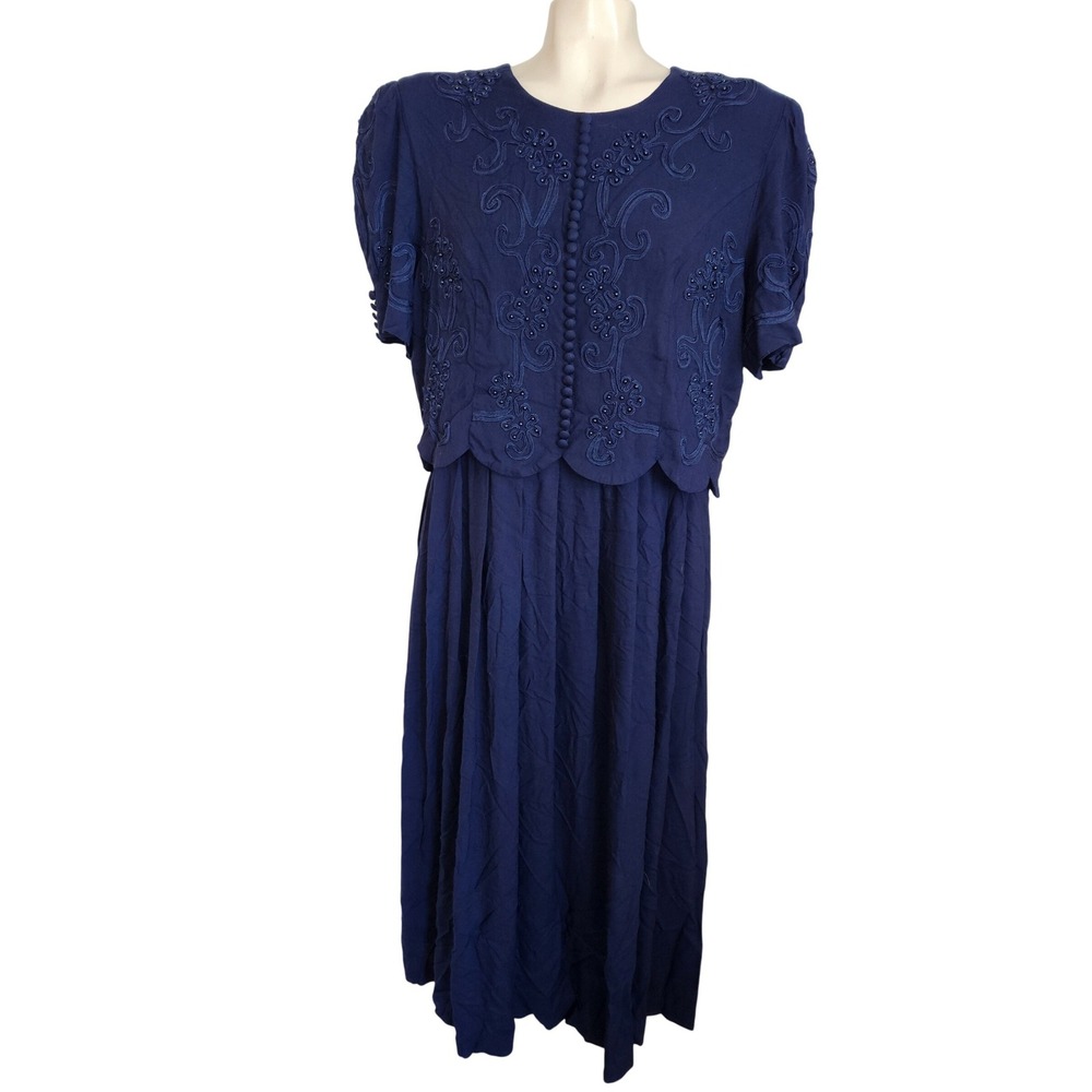 Plaza South‎ Vintage 1995 Navy Blue Beaded Embroidered Midi Dress Womens 14